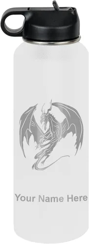 Vista 55 de LaserGram Botella de agua con tapa abatible de doble pared de 12 onzas con pajilla, dragón, grabado personalizado incluido (negro)