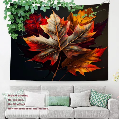 Vista 3 de Shrahala Tapiz de pared de hojas de arce otoñal, hojas rojas llameantes, fondo negro, tapiz grande para colgar en la pared, tapiz decorativo