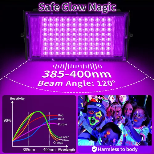 Vista 2 de 100W LED Black Lights with Switch+Plug, IP66 Waterproof, 1 Pack Blacklight Flood Light for Halloween, Neon Glow Party Supply, Bedroom, Fluorescent