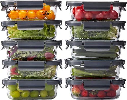 Vista 12 de Contenedores de vidrio para almacenamiento de alimentos con tapas de vidrio, paquete de 4 recipientes de preparación de comidas con tapas Gris