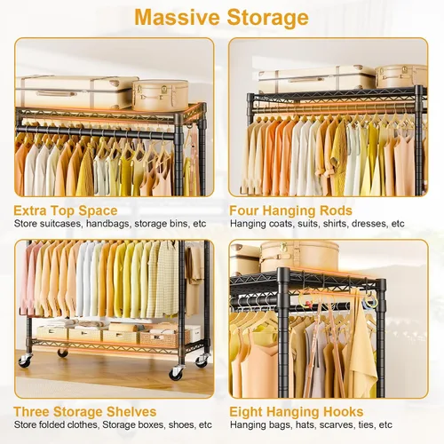 Vista 4 de ULIFHOME P5 Plus - Perchero resistente para colgar ropa, perchero de metal con ruedas, estante portátil de 3 niveles para armario de 45 pulgadas