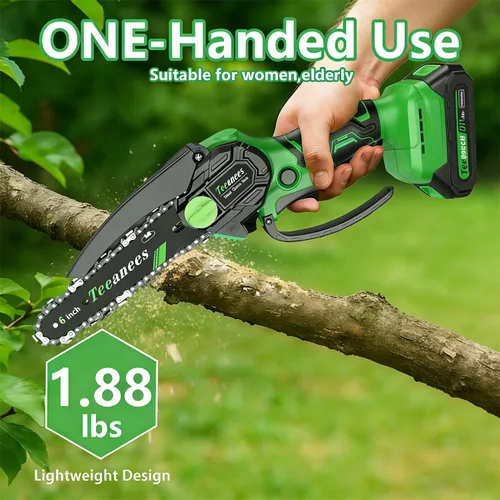 Vista 3 de Mini motosierra inalámbrica, pequeña motosierra eléctrica de 6 pulgadas con batería de 21 V y 3 cadenas, motosierra de mano alimentada por batería
