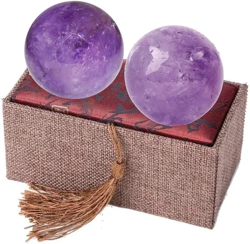 Vista 7 de Bolas Baoding de cristal de amatista de 1.4 pulgadas, pequeñas bolas curativas de cuarzo morado, bolas de mano para terapia de manos, alivio