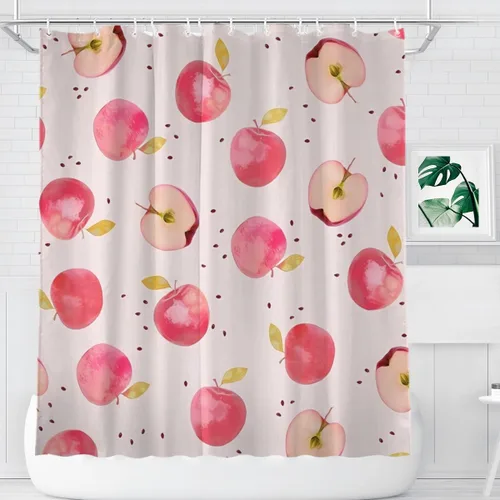 Vista 15 de KOMIKU Juego de cortina de ducha estética de frutas con diseño floral de cereza rosa, decoración de baño de frutas de verano, de poliéster, lona