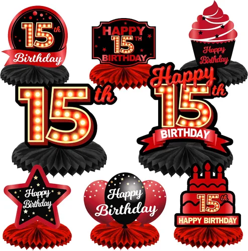 Vista 39 de Feliz 45 cumpleaños rojo y negro centros de mesa de panal de abeja decoraciones de globos decoración de mesa centros de mesa para niñas mujeres