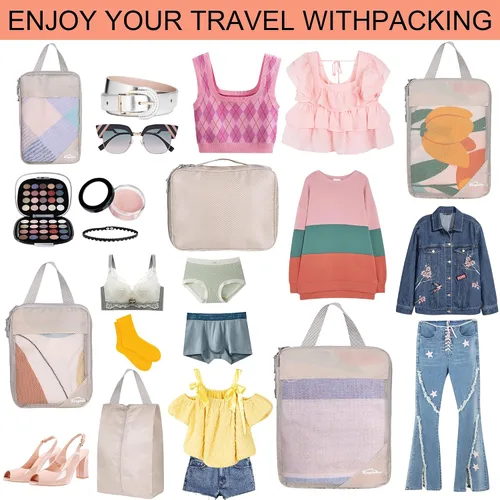 Vista 7 de kingdalux Juego de 6 cubos de compresión para maletas, bolsas organizadoras de maleta de viaje grandes con bolsa de maquillaje, organizadores