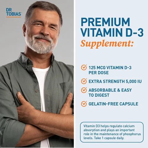Vista 4 de Dr. Tobias Vitamina D3 5000 UI, esencial para huesos saludables, dientes y sistema inmunológico, suplemento de vitamina D extra fuerte, sin OMG, 90