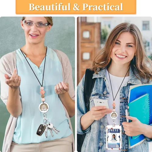 Vista 2 de Plifal Cordón para profesor para tarjeta de identificación, lindo diseño de leopardo y arco iris con cuentas para mujer, cordón para el cuello