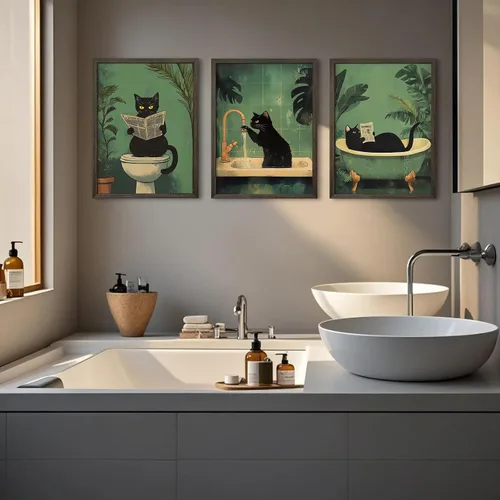 Vista 8 de Arte de pared de baño de gato, lienzo divertido para decoración de pared, imágenes de gato negro, impresiones lindas divertidas para baño, póster