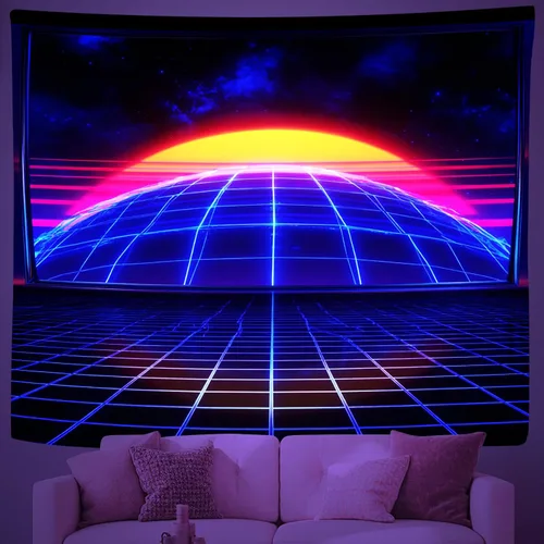 Vista 3 de Zpryzmia Blacklight Retro Synthwave Tapestry, Neon Starry Sunset Tapestry Glow In the Dark Wall Hanging, UV Reactive Geometric Grid Tapestries Room