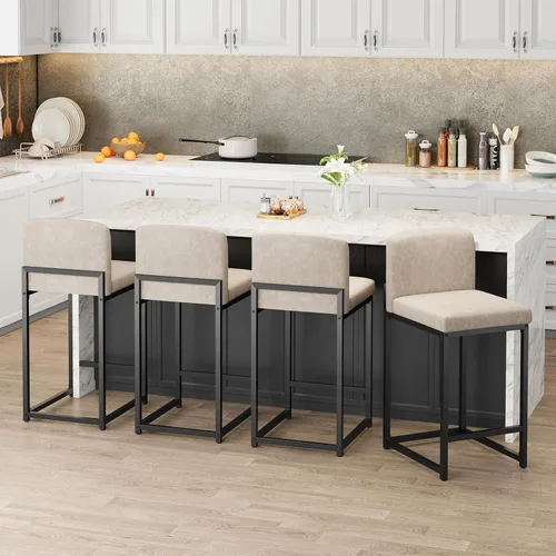 Vista 3 de GarveeHome Juego de 2 taburetes de bar, modernos taburetes de bar de altura de mostrador con respaldo y reposapiés, taburetes de bar tapizados