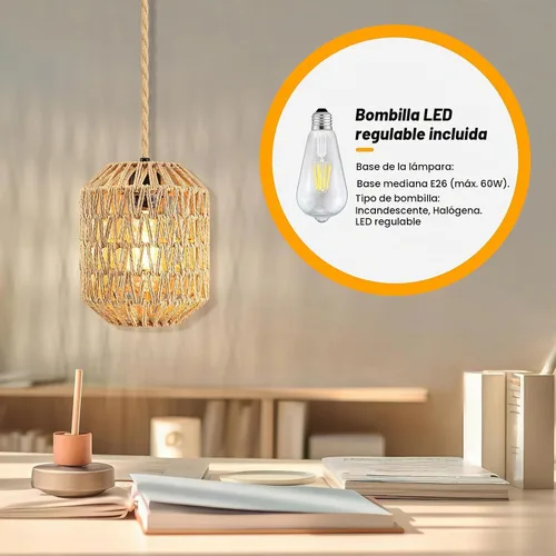 Vista 2 de Lámpara colgante enchufable, cable de cuerda de cáñamo de 15 pies, luces