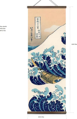 Vista 4 de jszip Rollo retro japonés de onda Ukiyo-e, pintura colgante de madera, 39.76 x 15.75 pulgadas