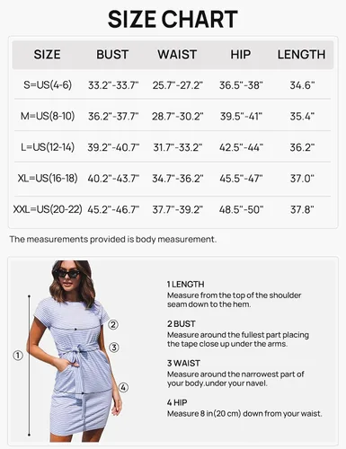 Vista 6 de MEROKEETY - Vestido de verano con manga corta, a rayas, casual, estilo camiseta, con lazo en la cintura y bolsillos, para mujer