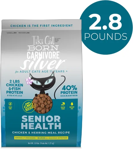Vista 2 de Tiki Cat Born Carnivore Silver, Senior Health, Receta de comida de pollo y arenque, apoyo inmunológico con croquetas horneadas para maximizar
