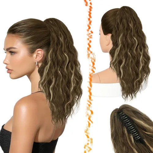 Vista 10 de BARSDAR Extensión de Cola de Caballo Marrón - Extensiones de Cola de Caballo con Pinza de 18 Pulgadas para Mujeres - Extensiones de Cabello Mezcla