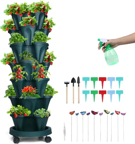 Vista 84 de GameXcel Torre de maceta vertical, macetas apilables de 3 niveles con ruedas y herramientas de jardín, macetas para plantas de fresa, hierbas