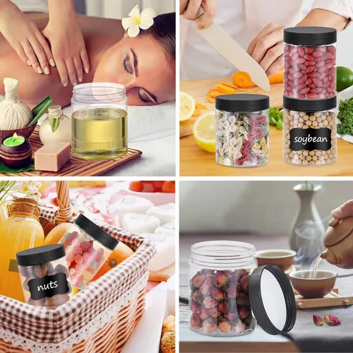 Vista 5 de OUSHINAN 48 frascos de plástico de 8 onzas con tapas de rosca, etiquetas, recipientes redondos vacíos rellenables para almacenar alimentos secos