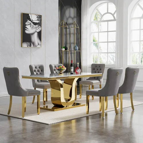 Vista 45 de Juego de 4 mesas de comedor blancas y doradas, mesa de cocina rectangular de 68 pulgadas con parte superior de mármol sintético blanco, mesa de Mesa