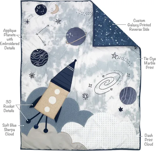 Vista 3 de Lambs & Ivy Sky Rocket - Juego de ropa de cama para cuna de bebé, 5 piezas, galaxia azul y espacio