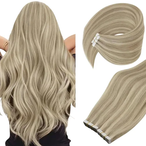 Vista 25 de Ve Sunny Extensiones de cabello humano real con cinta, cabello humano Remy, lacio, doble cara, color marrón oscuro, balayage, rubio dorado oscuro