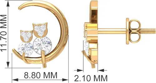 Vista 4 de 0.50 CT Diamond Stud Earrings for Women, Diamond Gold Moon Stud Earrings, Diamond Cat Stud Earrings, April Birthstone Jewelry, 14K Solid Gold