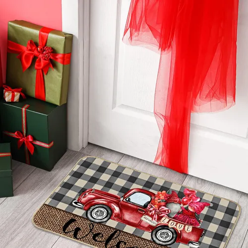 Vista 7 de Tatuo Tapete decorativo para el día de San Valentín, tapete decorativo a cuadros rojos para camión, gnomo, tapete de bienvenida, antideslizante