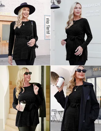 Vista 2 de Ekouaer Camisas de maternidad de manga larga para mujer, blusas casuales de punto acanalado para embarazadas, tallas S-XXL