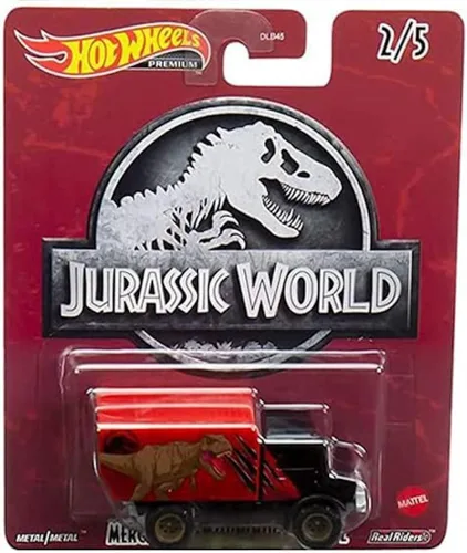Vista 5 de Hot Wheels Jurassic World 2022 Premium Pop Culture Paquete completo de 5 unidades (DLB45‑946Q) Mosasaurus Bus, panera 'azul', T‑Rex Unimog, flujo