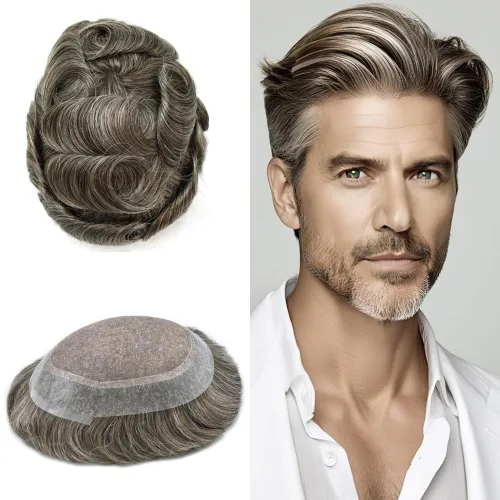 Vista 92 de Toupee para hombres Piezas de pelo fino mono para hombre Toupee sistema de reemplazo de pelo para hombres línea capilar natural para hombre postizo