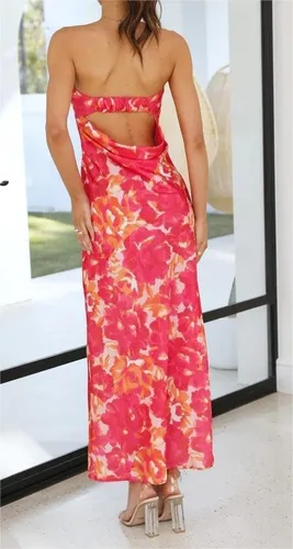 Vista 3 de Fronage Vestido largo sexy de satén de seda sin tirantes para mujer, sin espalda, entallado, para salir, boda, cóctel, fiesta, tubo