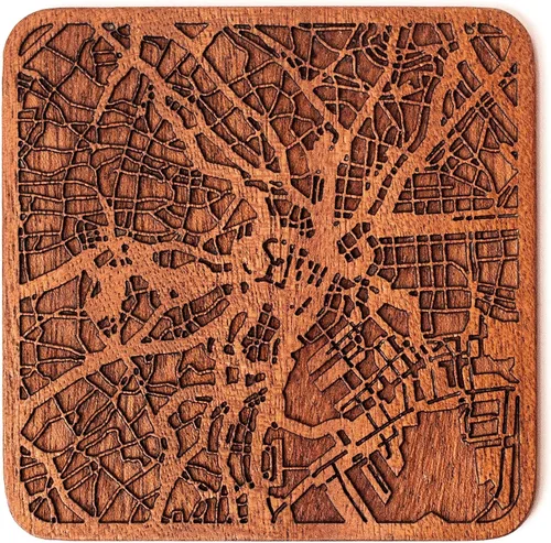 Vista 107 de Posavasos Amsterdam Map by O3 Design Studio, 1 pieza, posavasos de madera Sapele con mapa de la ciudad, hecho a mano, varias ciudades opcionales