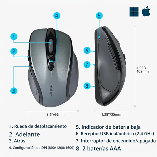 Vista 3 de Kensington Mouse inalámbrico Pro Fit de tamaño medio, gris grafito (K72423AM)