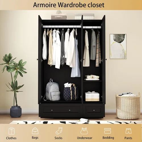 Vista 5 de Armario Armario con cajones: armario de dormitorio de 74 pulgadas para ropa colgante, armarios negros con puertas, armario moderno con estantes
