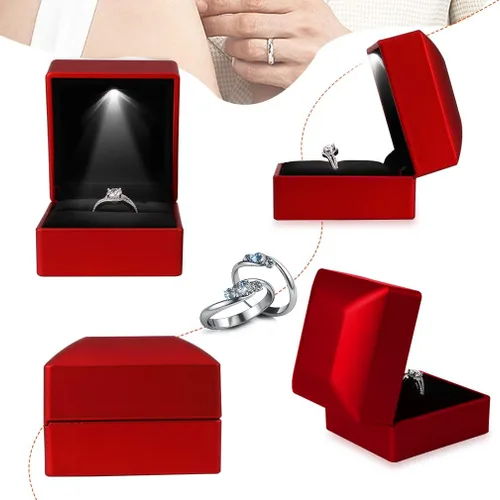 Vista 5 de iSuperb 2 cajas de anillo LED iluminadas para propuestas, compromisos, bodas, regalos (2 unidades, rojo)