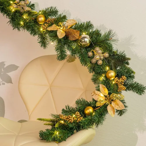 Vista 2 de YULETIME - Guirnalda de Navidad iluminada de 1,8 m, funciona con pilas con 20 luces de hadas artificiales, bolas doradas, bayas, flor de pascua