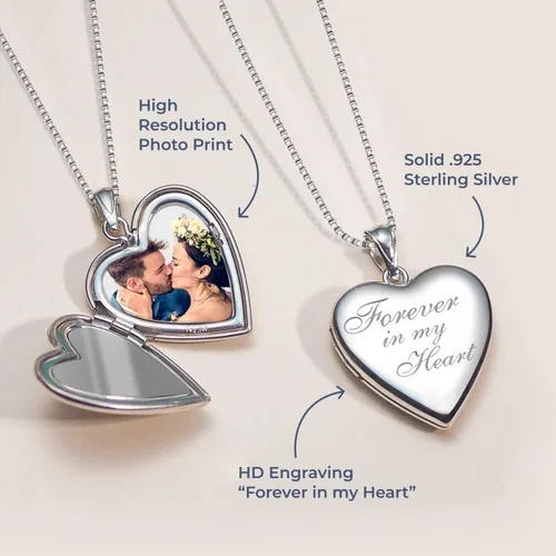 Vista 4 de Collar con medallón y frase en inglés Forever in My Heart para fotos en plata de ley y chapado en oro amarillo, 34 pulgadas x 34 pulgadas, incluye