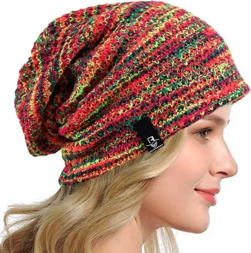 Vista 6 de Gorro holgado para mujer, boina de punto, gorra de calavera holgada para invierno y verano, B08w Azul/Amarillo/Púrpura