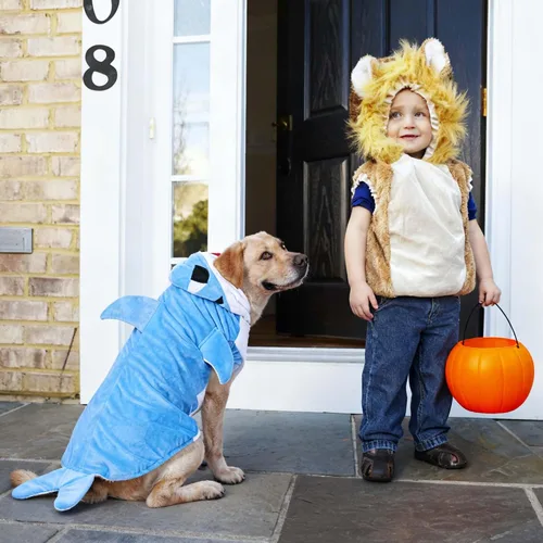 Vista 3 de Disfraz de tiburón para perro de Halloween para perro grande, chaqueta de forro polar de invierno, abrigo con capucha, ropa divertida para perro Azul