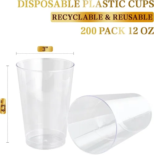 Vista 7 de FOCUSLINE Paquete de 200 vasos de plástico transparente de 12 onzas, vasos desechables vasos reutilizables de plástico, vasos transparentes
