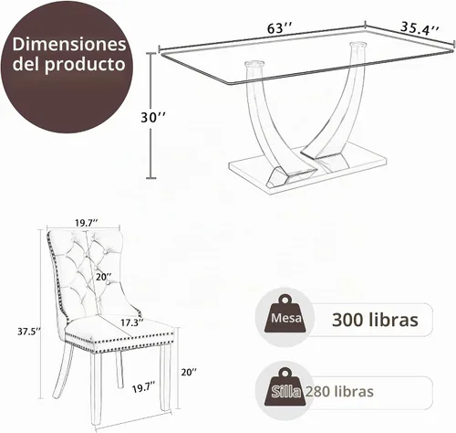 Vista 3 de Juego de mesa de comedor de cristal moderno de mediados de siglo para 4, 63 pulgadas, juego de comedor rectangular grande de lujo con parte superior