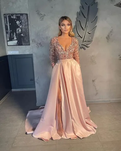 Vista 3 de Fanciest - Vestidos de fiesta de manga larga para mujer diseño de satén con lentejuelas cuello en V y abertura de estilo formal para graduación
