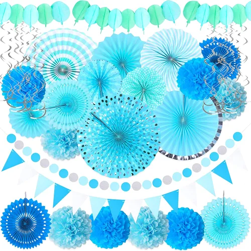 Vista 14 de Juego de 35 piezas de decoración para fiesta con abanicos de papel - Pom Poms del Cinco de Mayo, banderines, guirnaldas, pancartas, remolinos