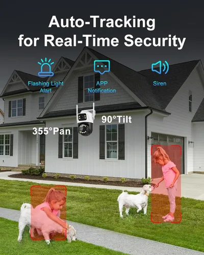 Vista 3 de Cámara de seguridad inalámbrica de doble lente de 6MP para exteriores, cámara de vigilancia WiFi para el hogar, PTZ, panorámica de 355°, inclinación