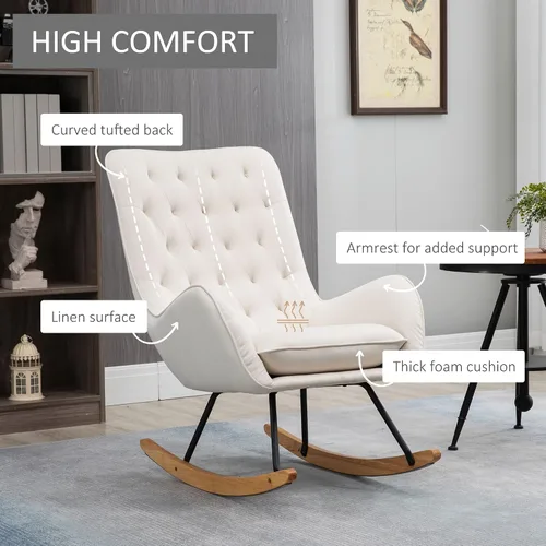 Vista 5 de HOMCOM Mecedora de tela, silla decorativa Mid-Century Wingback, color blanco crema Sillón, acolchonado, balancín, asiento acolchado, base