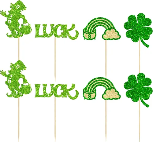 Vista 8 de Gyufise 1 decoración para pastel del día de San Patricio, trébol verde con purpurina de cuatro hojas, decoración de pastel de cumpleaños, decoración