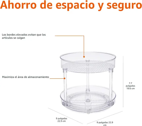 Vista 3 de Amazon Basics Lazy Susan - Organizador giratorio para especias y condimentos, 9 pulgadas de diámetro, 2 niveles, transparente