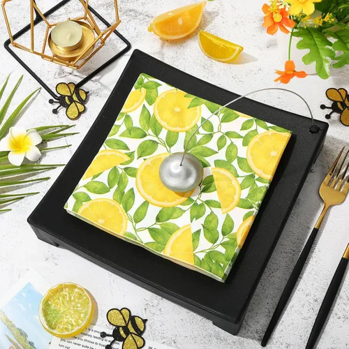 Vista 3 de Whaline 80 servilletas de papel de limón de verano, servilletas desechables de cítricos amarillos, ramas de limón, servilletas de cena para verano