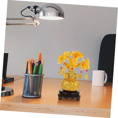 Vista 4 de Homoyoyo Feng Shui árbol del dinero citrino amarillo Crytal adorno chino riqueza Yuanbao Cake Topper 7.5 in riqueza fortuna buena suerte decoración