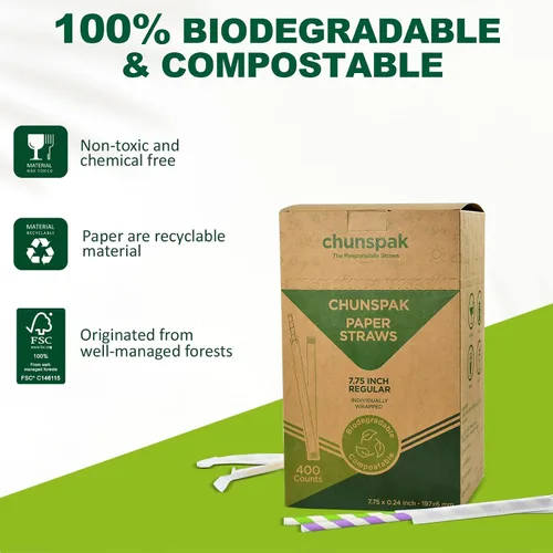Vista 6 de Pajitas de papel desechables envueltas individualmente de 7.75 x 0.24 pulgadas, rayas coloridas [400 unidades] - biodegradables ecológicos
